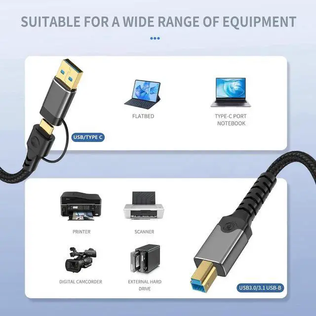 Alt view image 3 of 5 - 0.5M (1.6FT) USB 3.0 Printer Cable, USB-A to USB-B 3.0 Cord, 5Gbps High Speed Data Transfer, Compatible with Printers, External Hard Drives, DAC, Scanners and USB 3.0 Hubs