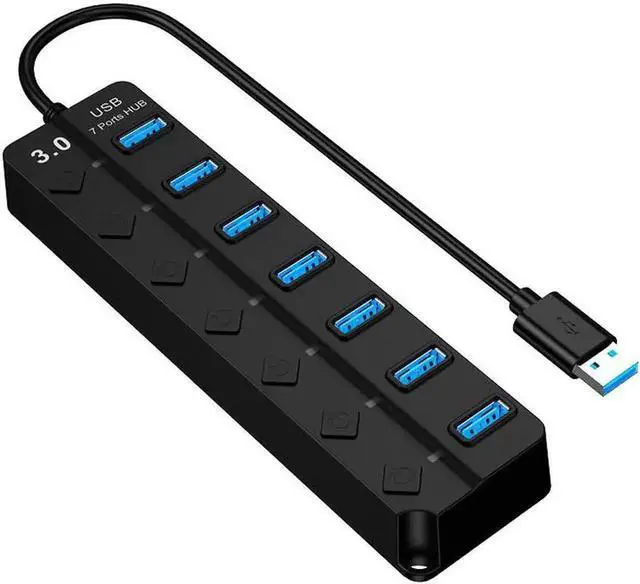 Main image of 7-Port Powered USB 3.0 Hub, Aluminum USB Splitter with Individual On/Off Switches, 5V AC Power Adapter Included, High Speed USB Expander for Laptops and Desktop PCs, Black