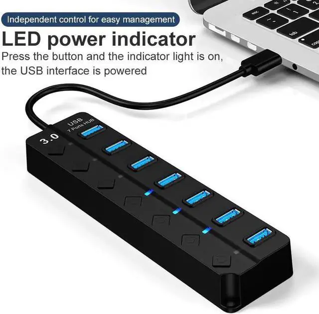 Alt view image 5 of 6 - 7-Port Powered USB 3.0 Hub, Aluminum USB Splitter with Individual On/Off Switches, 5V AC Power Adapter Included, High Speed USB Expander for Laptops and Desktop PCs, Black