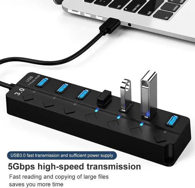 Alt view image 4 of 6 - 7-Port Powered USB 3.0 Hub, Aluminum USB Splitter with Individual On/Off Switches, 5V AC Power Adapter Included, High Speed USB Expander for Laptops and Desktop PCs, Black