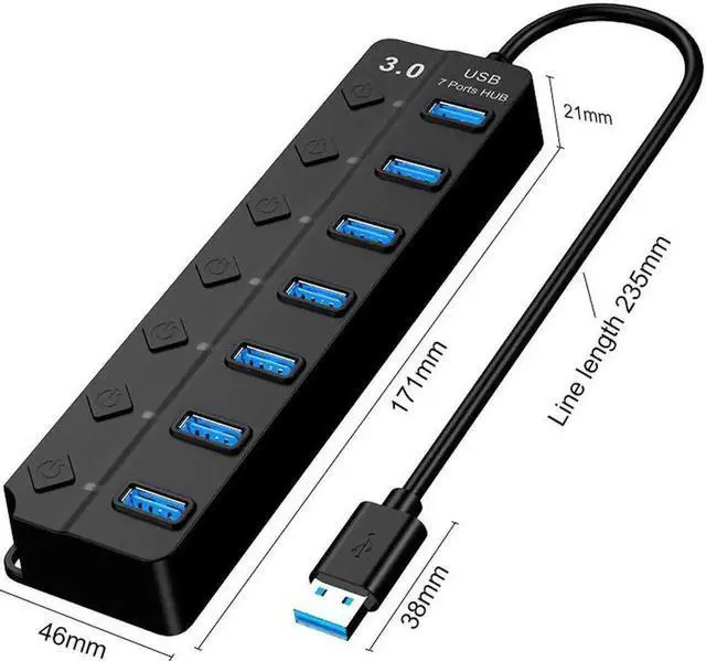 Alt view image 3 of 6 - 7-Port Powered USB 3.0 Hub, Aluminum USB Splitter with Individual On/Off Switches, 5V AC Power Adapter Included, High Speed USB Expander for Laptops and Desktop PCs, Black