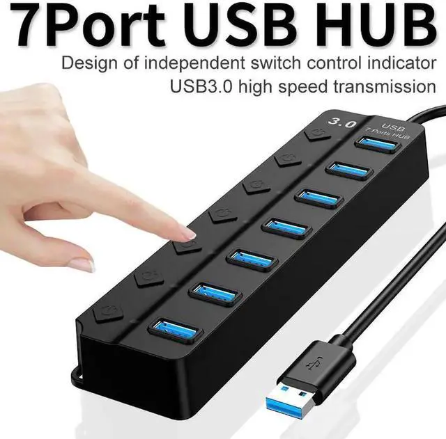 Alt view image 6 of 6 - 7-Port Powered USB 3.0 Hub, Aluminum USB Splitter with Individual On/Off Switches, 5V AC Power Adapter Included, High Speed USB Expander for Laptops and Desktop PCs, Black