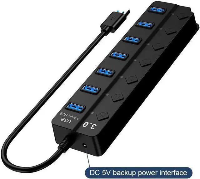 Alt view image 2 of 6 - 7-Port Powered USB 3.0 Hub, Aluminum USB Splitter with Individual On/Off Switches, 5V AC Power Adapter Included, High Speed USB Expander for Laptops and Desktop PCs, Black