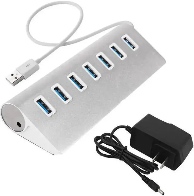 Main image of 7-Port Aluminum Alloy USB 3.0 Hub, Bevel Design Powered USB Splitter with Power Adapter, High Speed USB Expander for PC, Laptop and MacBook