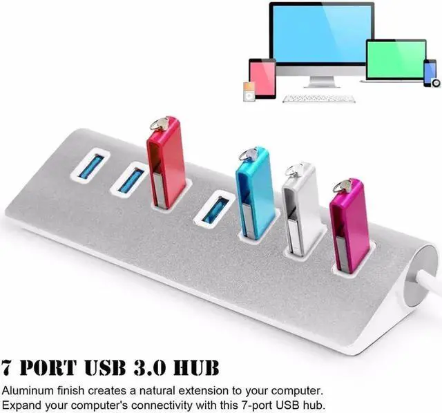 Alt view image 6 of 7 - 7-Port Aluminum Alloy USB 3.0 Hub, Bevel Design Powered USB Splitter with Power Adapter, High Speed USB Expander for PC, Laptop and MacBook
