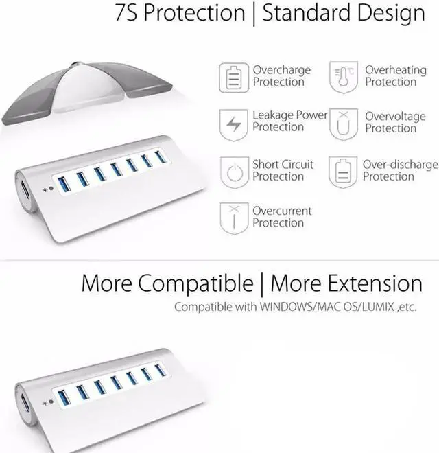 Alt view image 2 of 7 - 7-Port Aluminum Alloy USB 3.0 Hub, Bevel Design Powered USB Splitter with Power Adapter, High Speed USB Expander for PC, Laptop and MacBook