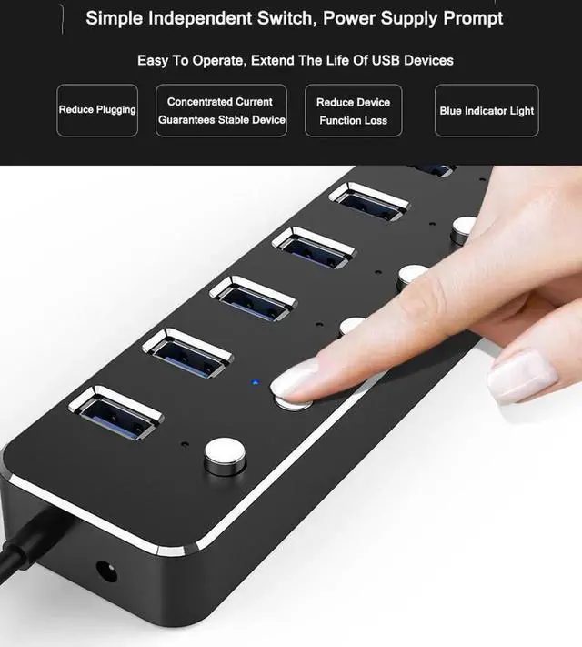 Alt view image 6 of 7 - 7-Port Powered USB 3.0 Hub, Aluminum USB Splitter with Independent On/Off Switches, Power Adapter Equipped with 60cm Cable, High Speed USB Expander for MacBook, Laptops and Desktop PCs