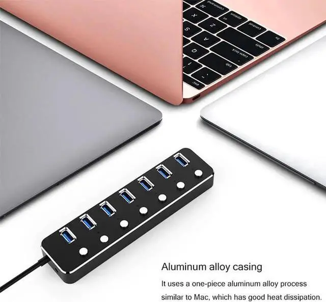 Alt view image 3 of 7 - 7-Port Powered USB 3.0 Hub, Aluminum USB Splitter with Independent On/Off Switches, Power Adapter Equipped with 60cm Cable, High Speed USB Expander for MacBook, Laptops and Desktop PCs