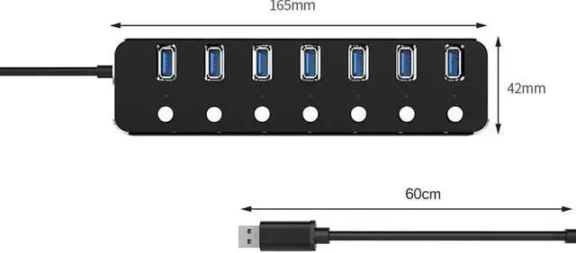 Alt view image 2 of 7 - 7-Port Powered USB 3.0 Hub, Aluminum USB Splitter with Independent On/Off Switches, Power Adapter Equipped with 60cm Cable, High Speed USB Expander for MacBook, Laptops and Desktop PCs