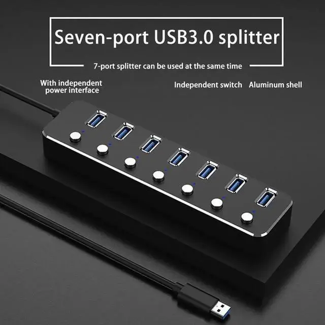 Alt view image 4 of 7 - 7-Port Powered USB 3.0 Hub, Aluminum USB Splitter with Independent On/Off Switches, Power Adapter Equipped with 60cm Cable, High Speed USB Expander for MacBook, Laptops and Desktop PCs