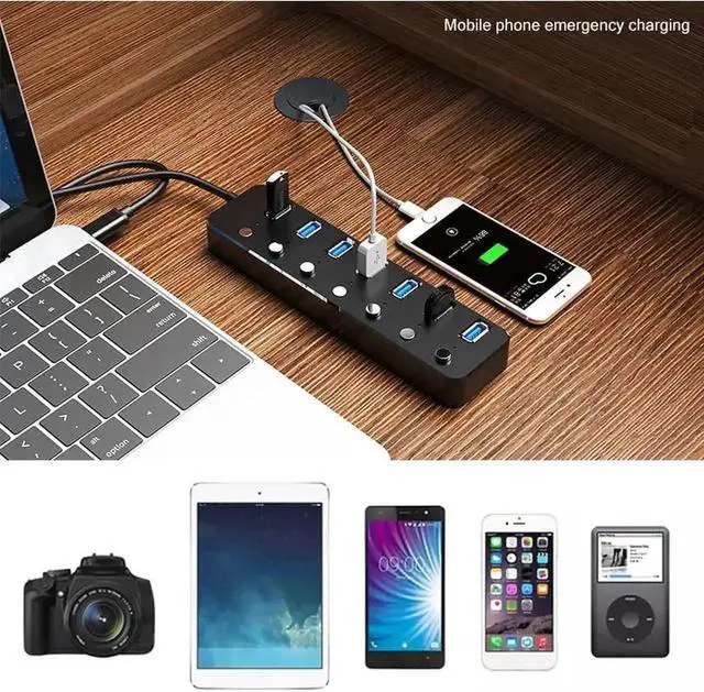 Alt view image 7 of 7 - 7-Port Powered USB 3.0 Hub, Aluminum USB Splitter with Independent On/Off Switches, Power Adapter Equipped with 60cm Cable, High Speed USB Expander for MacBook, Laptops and Desktop PCs