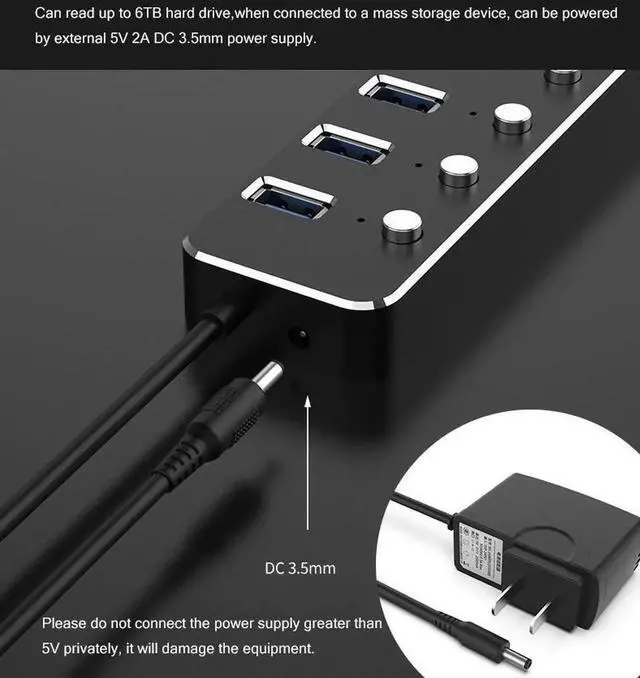 Alt view image 5 of 7 - 7-Port Powered USB 3.0 Hub, Aluminum USB Splitter with Independent On/Off Switches, Power Adapter Equipped with 60cm Cable, High Speed USB Expander for MacBook, Laptops and Desktop PCs