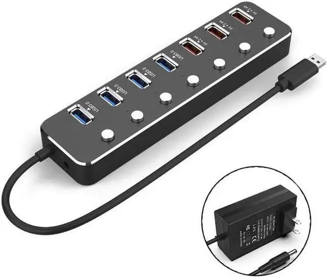 Main image of Aluminum Alloy 7 Port USB 3.0 Hub, 4 USB 3.0 Data Ports + 3 USB DC 5V 2.4A Fast Charging Ports, Individual Power Switches & LED Indicators, 60cm Cable, Equipped with 12V 2A Power Adapter