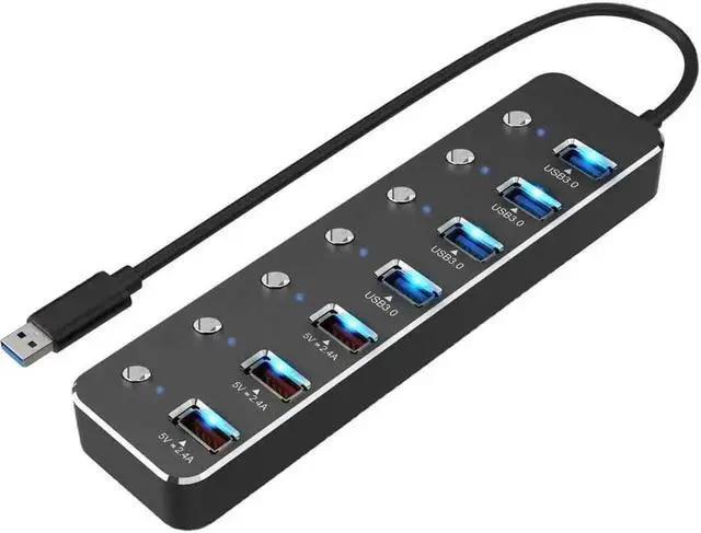 Alt view image 2 of 7 - Aluminum Alloy 7 Port USB 3.0 Hub, 4 USB 3.0 Data Ports + 3 USB DC 5V 2.4A Fast Charging Ports, Individual Power Switches & LED Indicators, 60cm Cable, Equipped with 12V 2A Power Adapter