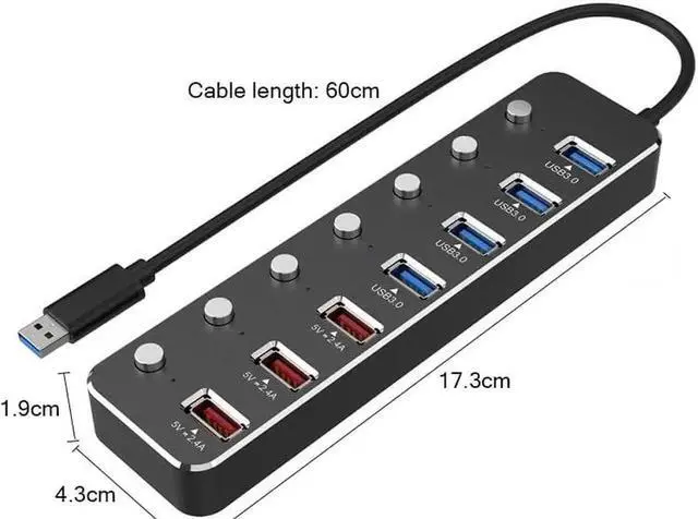 Alt view image 4 of 7 - Aluminum Alloy 7 Port USB 3.0 Hub, 4 USB 3.0 Data Ports + 3 USB DC 5V 2.4A Fast Charging Ports, Individual Power Switches & LED Indicators, 60cm Cable, Equipped with 12V 2A Power Adapter