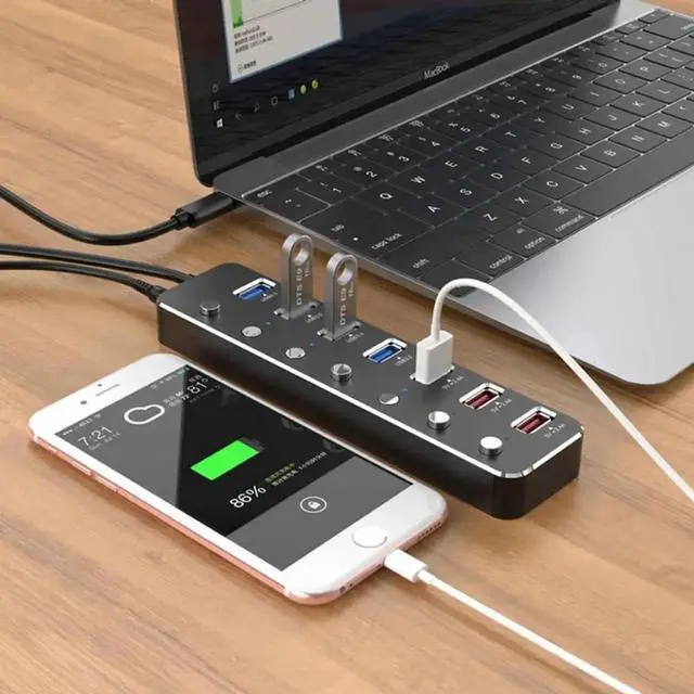 Alt view image 7 of 7 - Aluminum Alloy 7 Port USB 3.0 Hub, 4 USB 3.0 Data Ports + 3 USB DC 5V 2.4A Fast Charging Ports, Individual Power Switches & LED Indicators, 60cm Cable, Equipped with 12V 2A Power Adapter