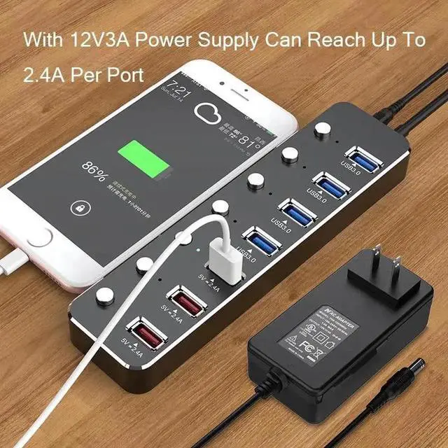 Alt view image 5 of 7 - Aluminum Alloy 7 Port USB 3.0 Hub, 4 USB 3.0 Data Ports + 3 USB DC 5V 2.4A Fast Charging Ports, Individual Power Switches & LED Indicators, 60cm Cable, Equipped with 12V 2A Power Adapter