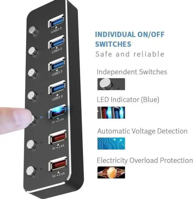 Alt view image 3 of 7 - Aluminum Alloy 7 Port USB 3.0 Hub, 4 USB 3.0 Data Ports + 3 USB DC 5V 2.4A Fast Charging Ports, Individual Power Switches & LED Indicators, 60cm Cable, Equipped with 12V 2A Power Adapter