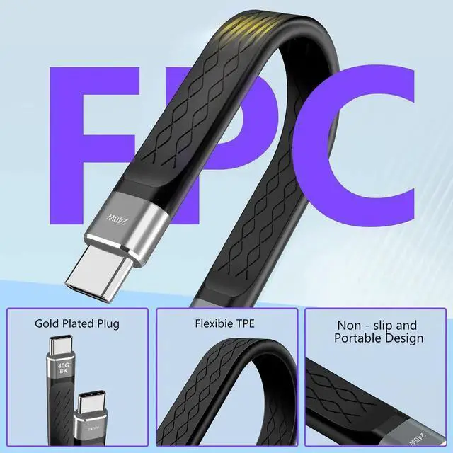 Alt view image 2 of 4 - USB4 Flexible Flat Type-C to Type-C Cable, 40Gbps Data Transfer, 240W PD Fast Charging, 8K@60Hz Video Output, Thunderbolt 3/4 Compatible, for Laptop, Monitor and Docking Station