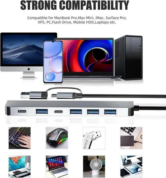 Alt view image 4 of 7 - Aluminum 7 in 1 USB C Hub, 7 Ports with 2 USB-C & 5 USB-A, USB 3.0 High Speed Splitter, Ultra Slim Portable Multiport Adapter for Laptop, PS4, Flash Drive, HDD, Xbox, Printer, Mouse and Keyboard