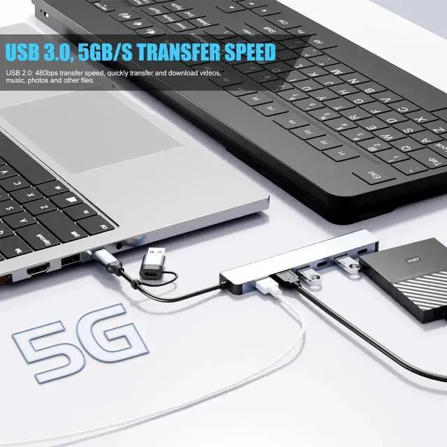 Alt view image 5 of 7 - Aluminum 7 in 1 USB C Hub, 7 Ports with 2 USB-C & 5 USB-A, USB 3.0 High Speed Splitter, Ultra Slim Portable Multiport Adapter for Laptop, PS4, Flash Drive, HDD, Xbox, Printer, Mouse and Keyboard
