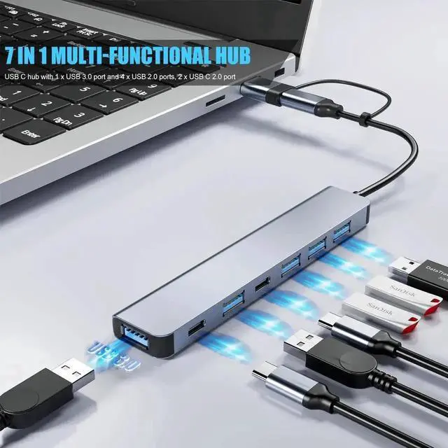 Alt view image 3 of 7 - Aluminum 7 in 1 USB C Hub, 7 Ports with 2 USB-C & 5 USB-A, USB 3.0 High Speed Splitter, Ultra Slim Portable Multiport Adapter for Laptop, PS4, Flash Drive, HDD, Xbox, Printer, Mouse and Keyboard