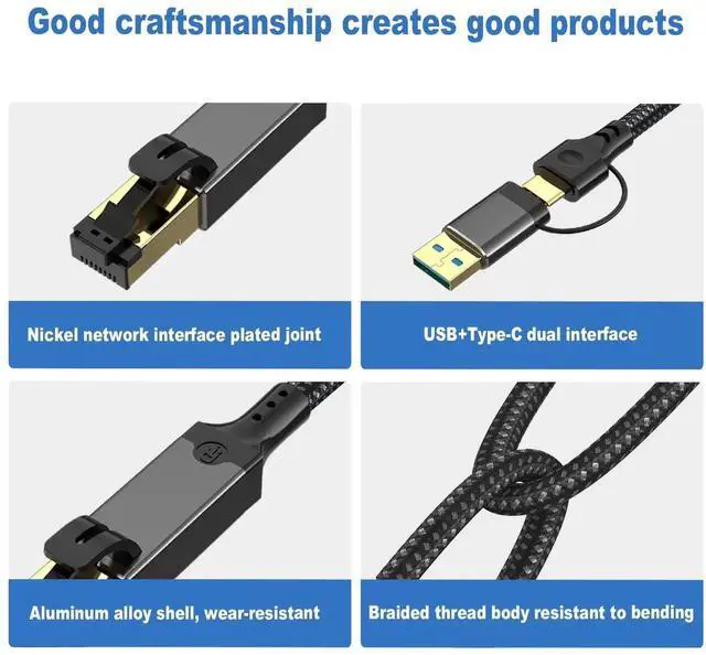 Alt view image 4 of 4 - 2-in-1 USB 3.0 & Type-C to Gigabit Ethernet Adapter, 1000Mbps RJ45 Network Card, Aluminum Alloy Housing with Braided Cable, Plug and Play, Compatible with Laptop, PC, Tablet and Smartphone