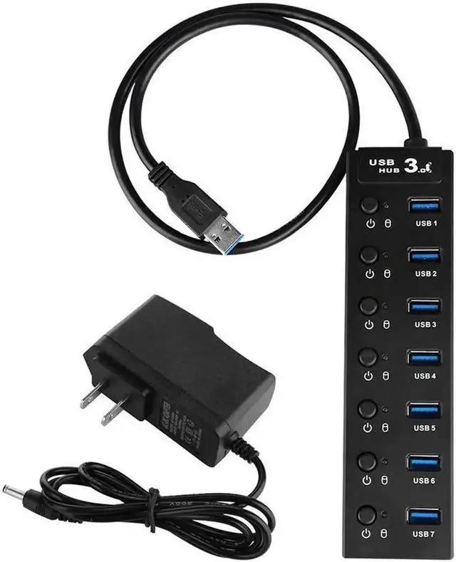 Main image of 7-Port USB 3.0 Powered Hub, 5Gbps USB Splitter with 2 FT Extended Cable, 5V 2A Power Adapter, Individual On/Off Sub-Control Switches, Compatible with MacBook, Surface Pro, Flash Drive and USB Peripher