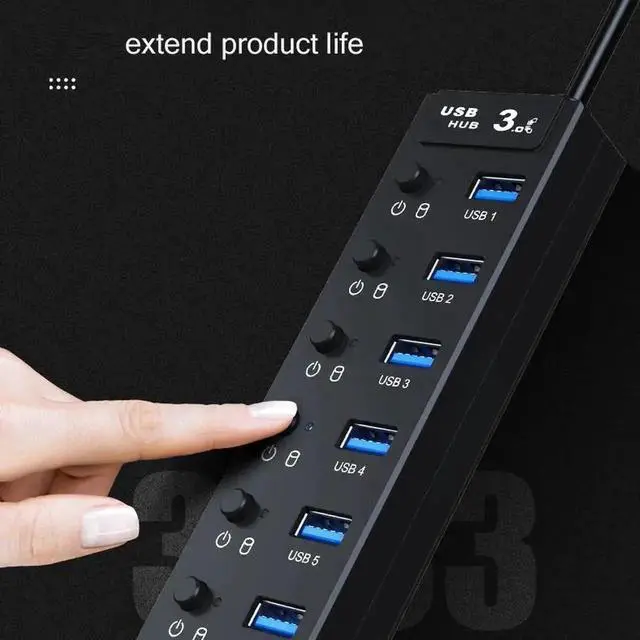 Alt view image 3 of 7 - 7-Port USB 3.0 Powered Hub, 5Gbps USB Splitter with 2 FT Extended Cable, 5V 2A Power Adapter, Individual On/Off Sub-Control Switches, Compatible with MacBook, Surface Pro, Flash Drive and USB Peripher