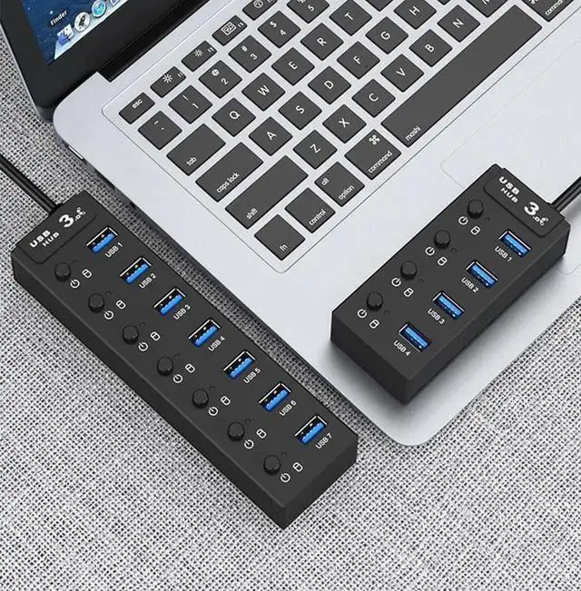 Alt view image 7 of 7 - 7-Port USB 3.0 Powered Hub, 5Gbps USB Splitter with 2 FT Extended Cable, 5V 2A Power Adapter, Individual On/Off Sub-Control Switches, Compatible with MacBook, Surface Pro, Flash Drive and USB Peripher