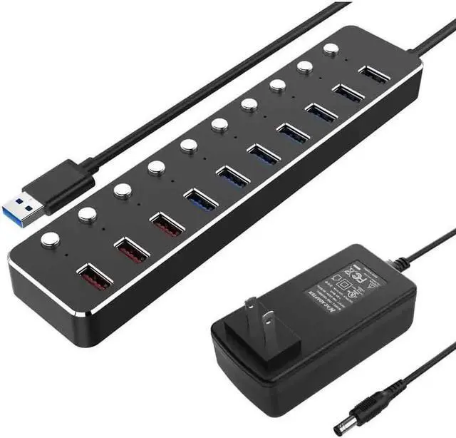 Main image of Aluminum Alloy 10-Port USB 3.0 Hub with Individual Control Switches, 7×USB 3.0 Data Ports + 3×5V/2.4A USB Fast Charging Ports, LED Indicators, 120cm Cable, Equipped with 12V 3A Power Adapter