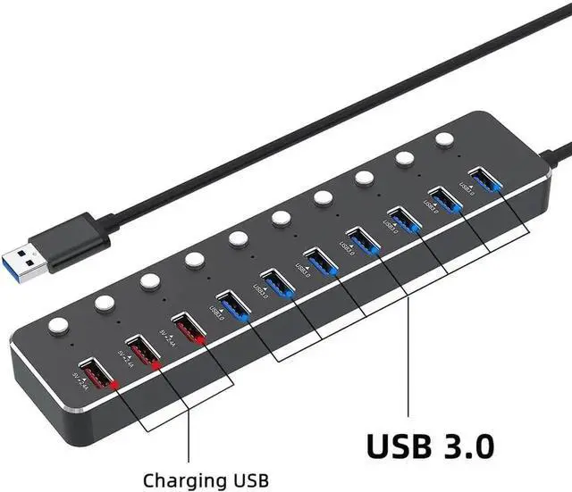 Alt view image 6 of 7 - Aluminum Alloy 10-Port USB 3.0 Hub with Individual Control Switches, 7×USB 3.0 Data Ports + 3×5V/2.4A USB Fast Charging Ports, LED Indicators, 120cm Cable, Equipped with 12V 3A Power Adapter