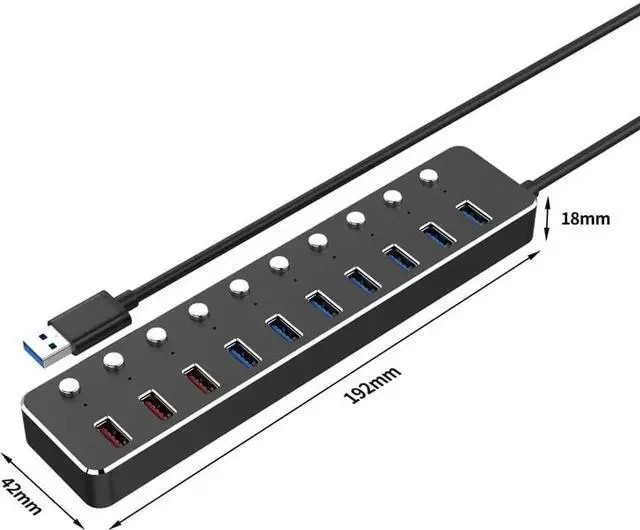 Alt view image 7 of 7 - Aluminum Alloy 10-Port USB 3.0 Hub with Individual Control Switches, 7×USB 3.0 Data Ports + 3×5V/2.4A USB Fast Charging Ports, LED Indicators, 120cm Cable, Equipped with 12V 3A Power Adapter