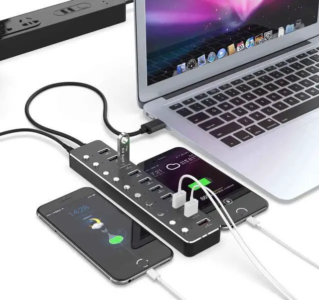 Alt view image 4 of 7 - Aluminum Alloy 10-Port USB 3.0 Hub with Individual Control Switches, 7×USB 3.0 Data Ports + 3×5V/2.4A USB Fast Charging Ports, LED Indicators, 120cm Cable, Equipped with 12V 3A Power Adapter