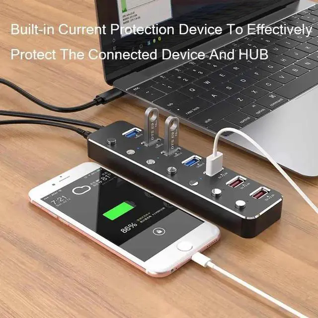 Alt view image 2 of 7 - Aluminum Alloy 10-Port USB 3.0 Hub with Individual Control Switches, 7×USB 3.0 Data Ports + 3×5V/2.4A USB Fast Charging Ports, LED Indicators, 120cm Cable, Equipped with 12V 3A Power Adapter