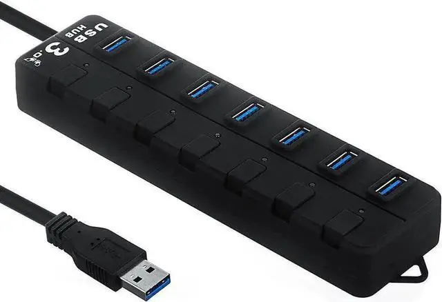 Main image of 7-Port Powered USB 3.0 Hub, High Speed 5Gbps USB Data Hub Splitter with 60cm Cable & 5V Power Adapter, Individual On/Off Switches, Plug and Play USB Port Expander for Laptop, Desktop PC, Flash Drive,