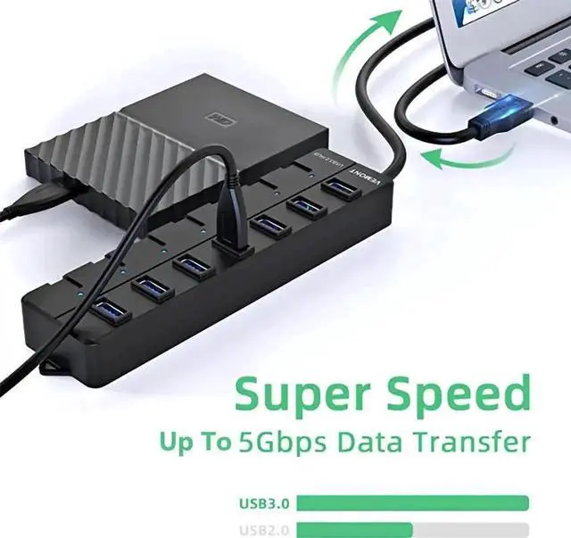 Alt view image 4 of 7 - 7-Port Powered USB 3.0 Hub, High Speed 5Gbps USB Data Hub Splitter with 60cm Cable & 5V Power Adapter, Individual On/Off Switches, Plug and Play USB Port Expander for Laptop, Desktop PC, Flash Drive,