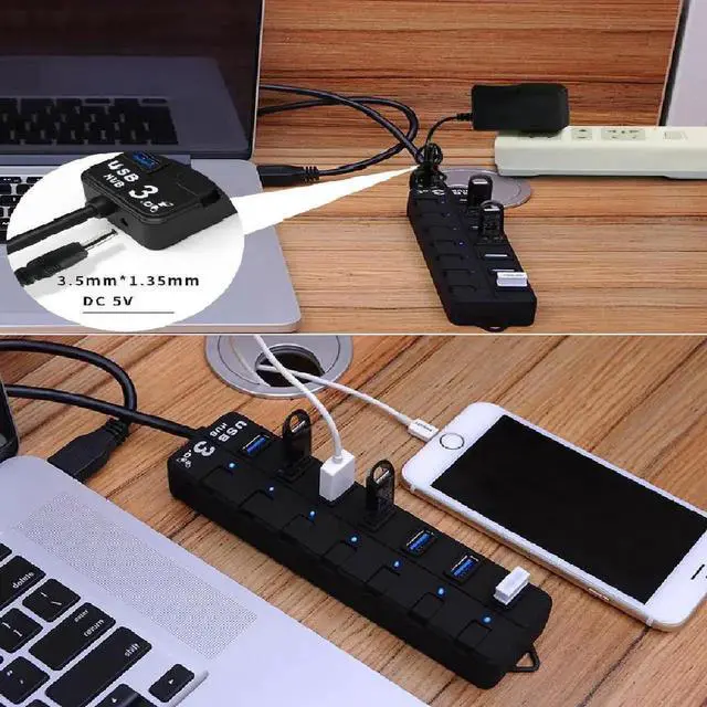 Alt view image 5 of 7 - 7-Port Powered USB 3.0 Hub, High Speed 5Gbps USB Data Hub Splitter with 60cm Cable & 5V Power Adapter, Individual On/Off Switches, Plug and Play USB Port Expander for Laptop, Desktop PC, Flash Drive,