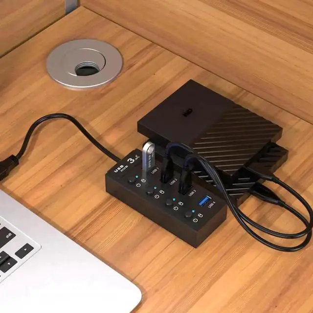 Alt view image 5 of 7 - 4-Port Powered USB 3.0 Hub, 5Gbps USB Data Splitter with 2ft Extended Cable & 5V 2A Power Adapter, Individual On/Off Switches, USB Port Expander Compatible with MacBook, Surface Pro, Flash Drive, Exte