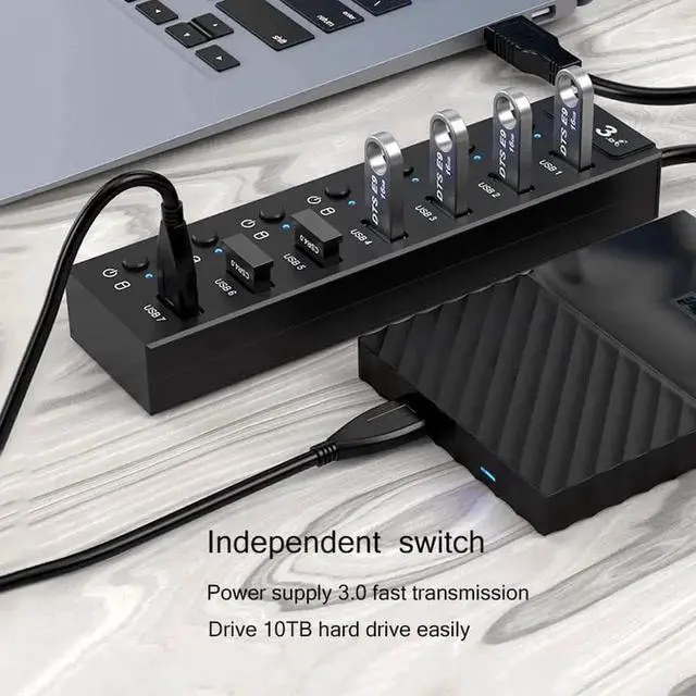 Alt view image 4 of 7 - 4-Port Powered USB 3.0 Hub, 5Gbps USB Data Splitter with 2ft Extended Cable & 5V 2A Power Adapter, Individual On/Off Switches, USB Port Expander Compatible with MacBook, Surface Pro, Flash Drive, Exte