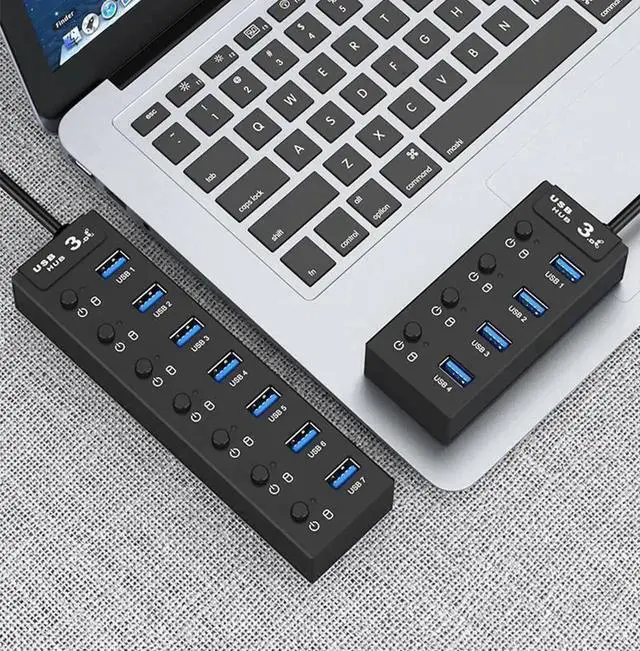 Alt view image 2 of 7 - 4-Port Powered USB 3.0 Hub, 5Gbps USB Data Splitter with 2ft Extended Cable & 5V 2A Power Adapter, Individual On/Off Switches, USB Port Expander Compatible with MacBook, Surface Pro, Flash Drive, Exte