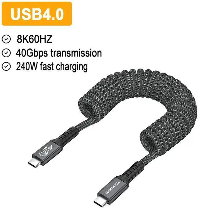 Main image of USB4 Spring Coiled Cable, 240W PD Fast Charging, 40Gbps Data Transfer, 8K@60Hz Video Output, Retractable Coiled Cord Compatible with Thunderbolt 4, for Laptop, Smartphone, Tablet