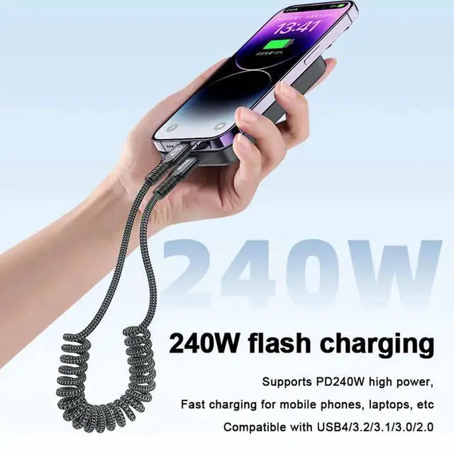 Alt view image 2 of 5 - USB4 Spring Coiled Cable, 240W PD Fast Charging, 40Gbps Data Transfer, 8K@60Hz Video Output, Retractable Coiled Cord Compatible with Thunderbolt 4, for Laptop, Smartphone, Tablet