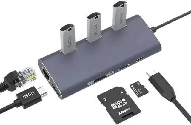 Main image of 8 in 1 Aluminum USB C Hub Multiport Adapter, 3 USB 3.0 Ports, HDMI, SD/TF Card Reader, 1000M RJ45 Ethernet, PD Charging Port, Portable Bevel High Speed USB C Splitter for Type-C Laptops