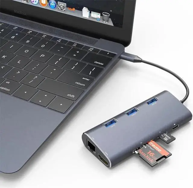 Alt view image 4 of 7 - 8 in 1 Aluminum USB C Hub Multiport Adapter, 3 USB 3.0 Ports, HDMI, SD/TF Card Reader, 1000M RJ45 Ethernet, PD Charging Port, Portable Bevel High Speed USB C Splitter for Type-C Laptops