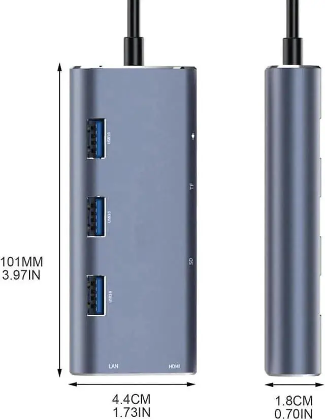 Alt view image 5 of 7 - 8 in 1 Aluminum USB C Hub Multiport Adapter, 3 USB 3.0 Ports, HDMI, SD/TF Card Reader, 1000M RJ45 Ethernet, PD Charging Port, Portable Bevel High Speed USB C Splitter for Type-C Laptops