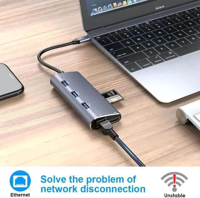 Alt view image 6 of 7 - 8 in 1 Aluminum USB C Hub Multiport Adapter, 3 USB 3.0 Ports, HDMI, SD/TF Card Reader, 1000M RJ45 Ethernet, PD Charging Port, Portable Bevel High Speed USB C Splitter for Type-C Laptops