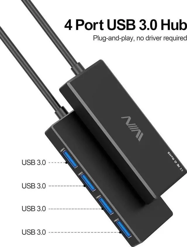 Alt view image 3 of 7 - 4 Port USB 3.0 Hub, Portable USB A Splitter Multiport Data Expander, Compact USB Hub Adapter Compatible with Laptop, iMac Pro, MacBook Air, Mac Mini/Pro, Surface Pro, Flash Drives, Mobile HDD, Black