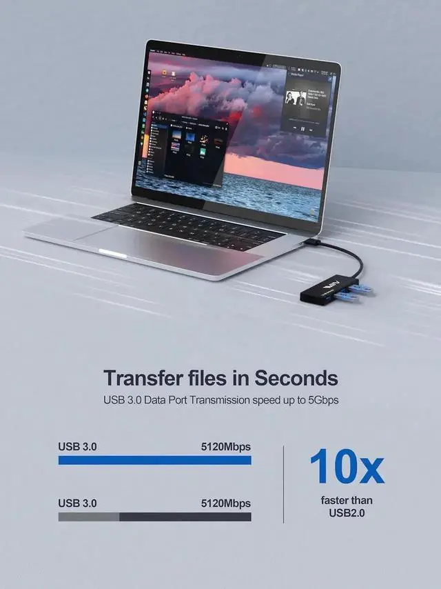 Alt view image 6 of 7 - 4 Port USB 3.0 Hub, Portable USB A Splitter Multiport Data Expander, Compact USB Hub Adapter Compatible with Laptop, iMac Pro, MacBook Air, Mac Mini/Pro, Surface Pro, Flash Drives, Mobile HDD, Black