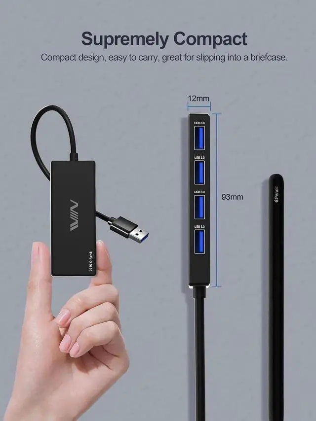 Alt view image 4 of 7 - 4 Port USB 3.0 Hub, Portable USB A Splitter Multiport Data Expander, Compact USB Hub Adapter Compatible with Laptop, iMac Pro, MacBook Air, Mac Mini/Pro, Surface Pro, Flash Drives, Mobile HDD, Black
